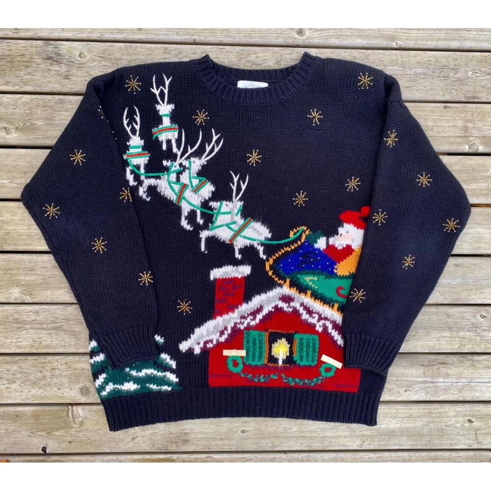 Vintage CASCADE CLASSICS Christmas Sweater Petite M Beaded Embroidered Santa